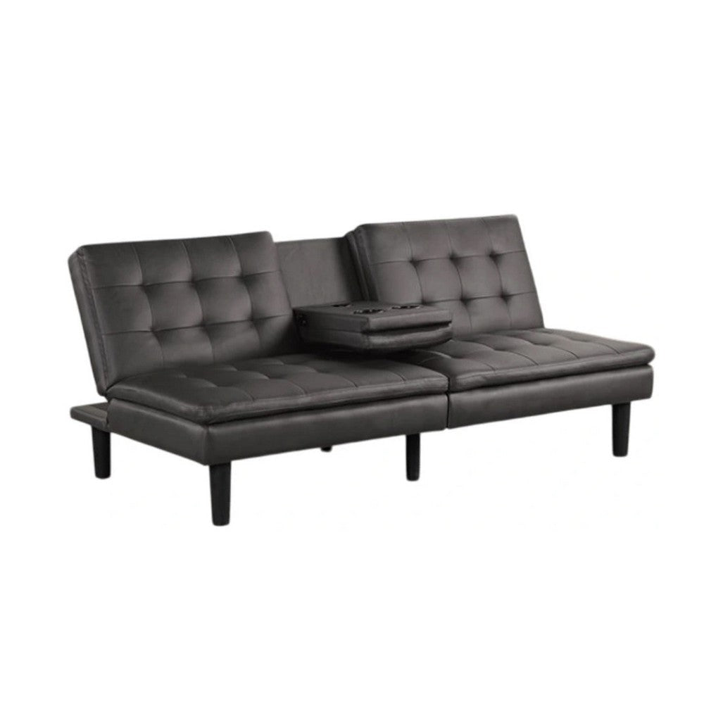 Berie Futon Sofa Bed | Drop-Down Tray & Cupholder | Gray Faux Leather