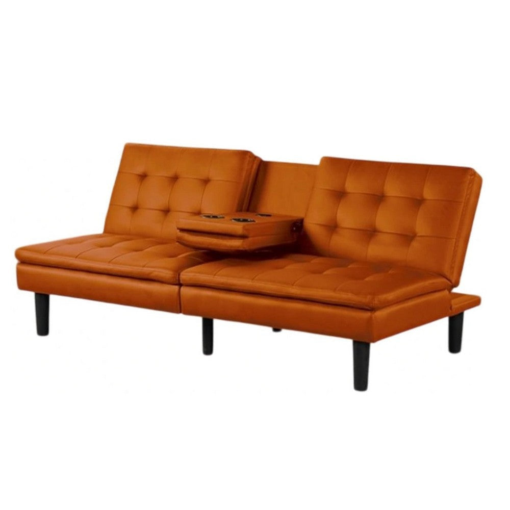 Berie Futon Sofa Bed | Drop-Down Tray | Cupholders | Orange Faux Leather BM339459