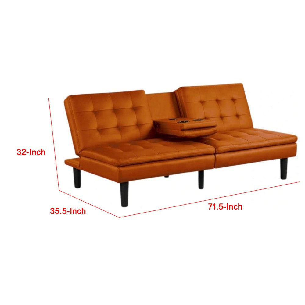 Berie Futon Sofa Bed | Drop-Down Tray | Cupholders | Orange Faux Leather BM339459