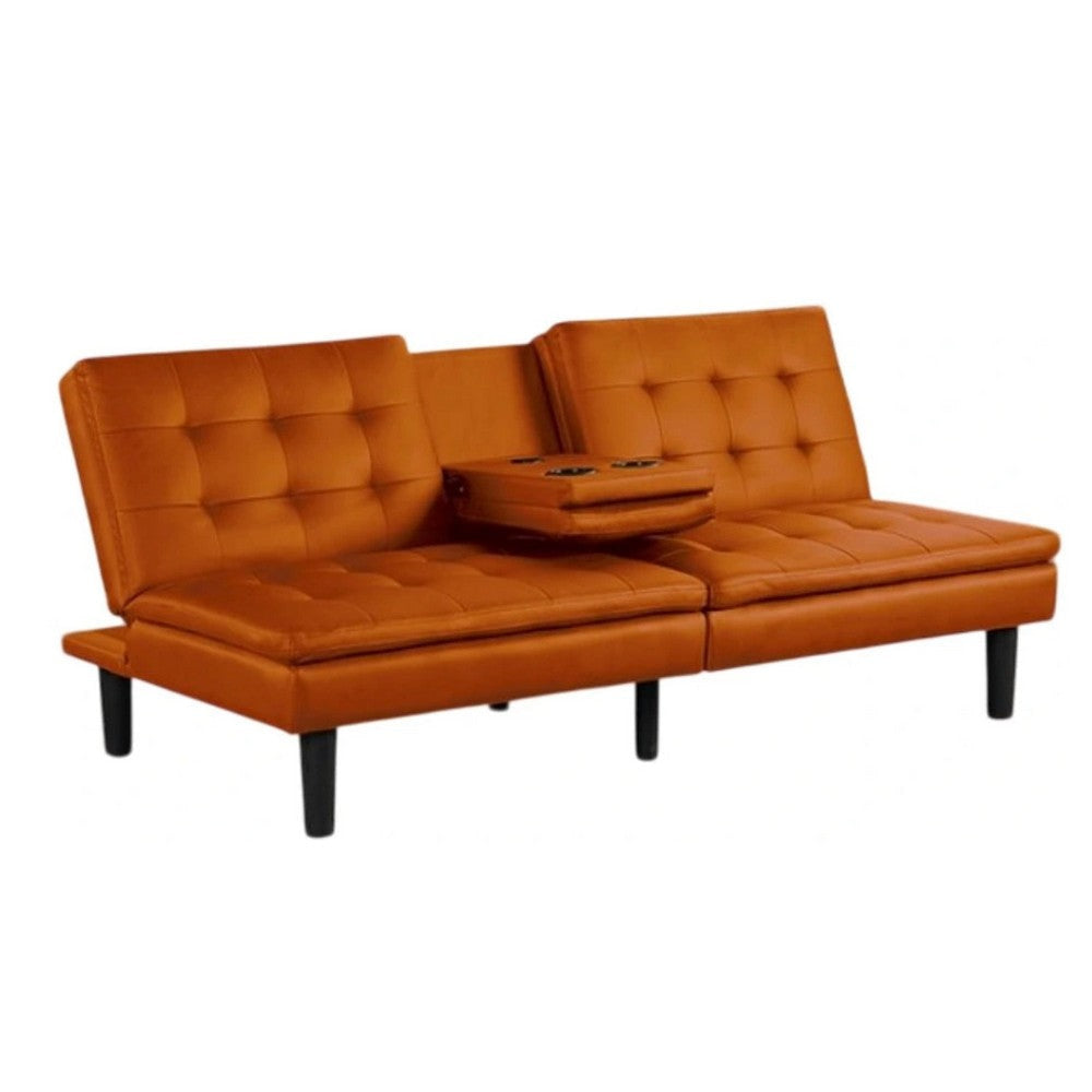 Berie Futon Sofa Bed | Drop-Down Tray | Cupholders | Orange Faux Leather