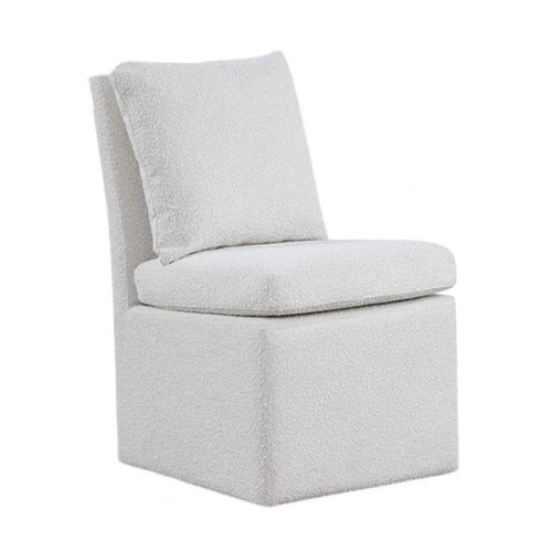 Ager Side Dining Chair w 6 Caster Wheels | Barrel Style | White Boucle
