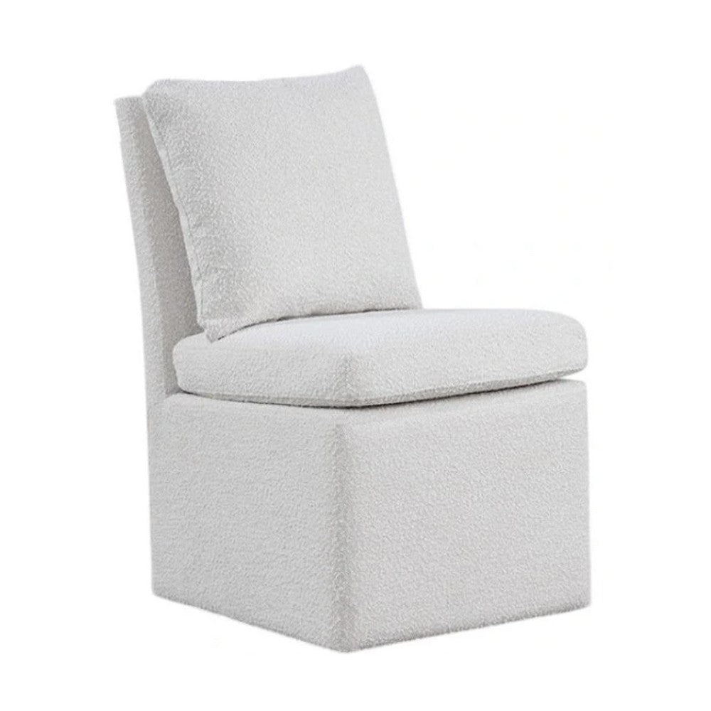 Ager Side Dining Chair w 6 Caster Wheels | Barrel Style | White Boucle