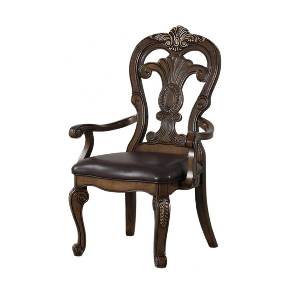 Leova Armchair Set of 2 | Ornate Corbels | Dark Brown Wood | Faux Leather BM339468
