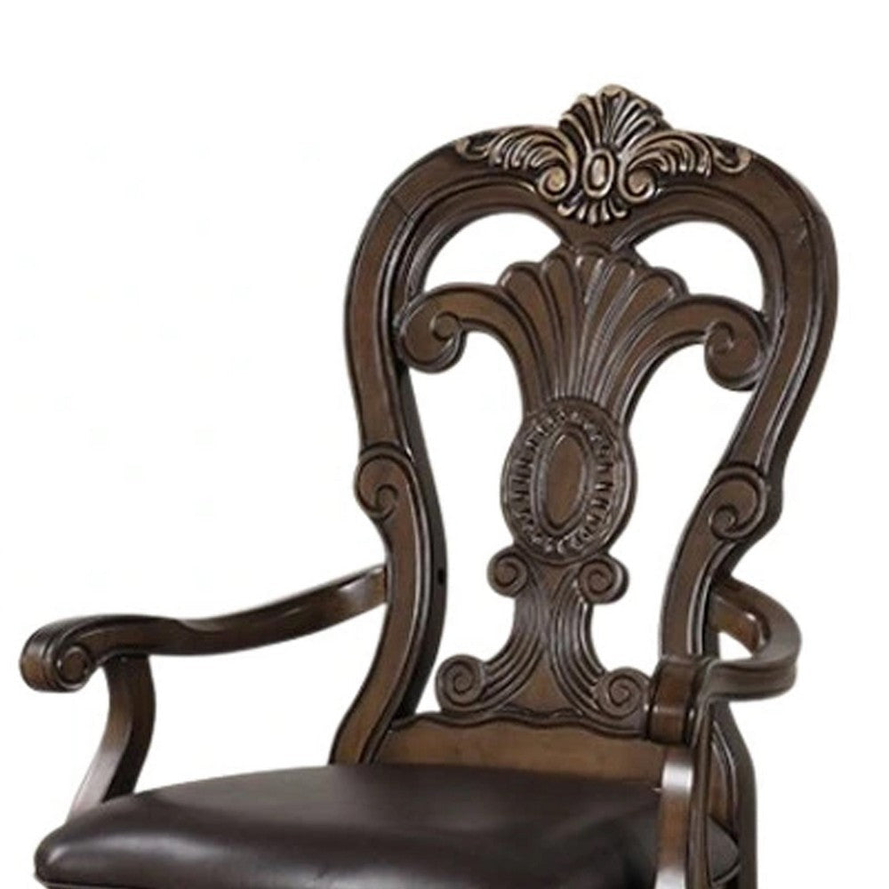 Leova Armchair Set of 2 | Ornate Corbels | Dark Brown Wood | Faux Leather BM339468