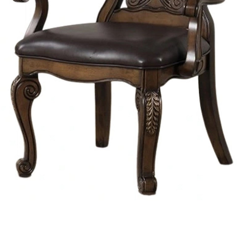 Leova Armchair Set of 2 | Ornate Corbels | Dark Brown Wood | Faux Leather BM339468