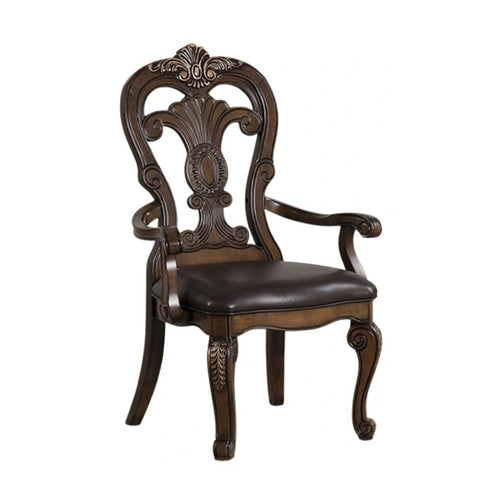 Leova Armchair Set of 2 | Ornate Corbels | Dark Brown Wood | Faux Leather