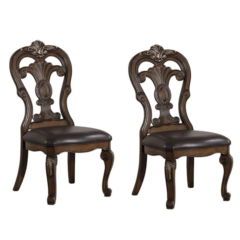 Leova Side Dining Chair Set of 2 | Carved Corbels | Gold Tip Crown | Brown Wood
