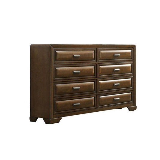Cair Wide Dresser w 8 Beveled Drawers | Bronze Handles | Brown Wood