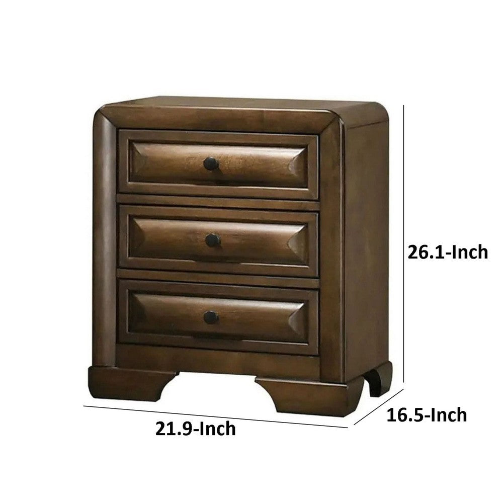 Cair Nightstand w 3 Beveled Drawers | Bronze Metal Knobs | Brown Wood BM339477