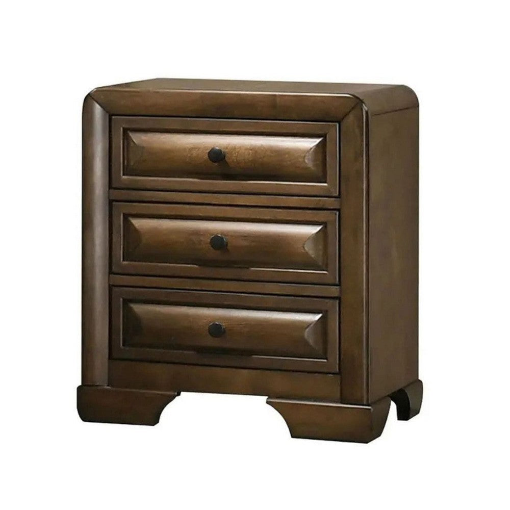 Cair Nightstand w 3 Beveled Drawers | Bronze Metal Knobs | Brown Wood