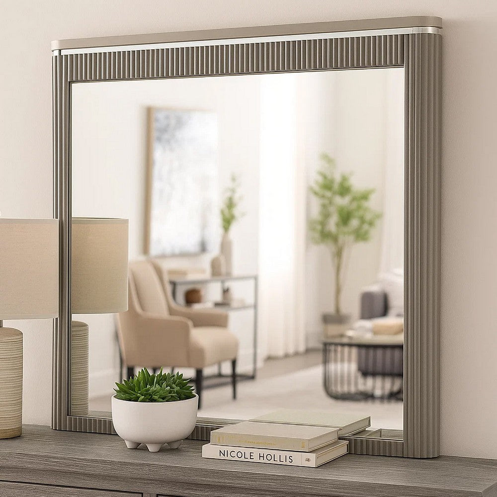 Gema Dresser Mirror | 38’’ Light Gray Wood | Reeded Design | Silver Accents BM339482