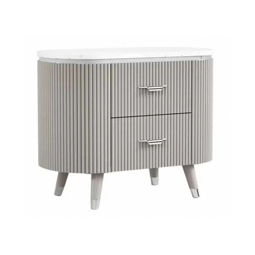 Gema Nightstand | 2 Drawers | Cultured Stone Top | Gray Wood | Silver Trim