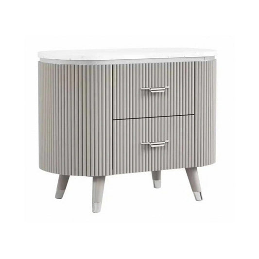 Gema Nightstand | 2 Drawers | Cultured Stone Top | Gray Wood | Silver Trim
