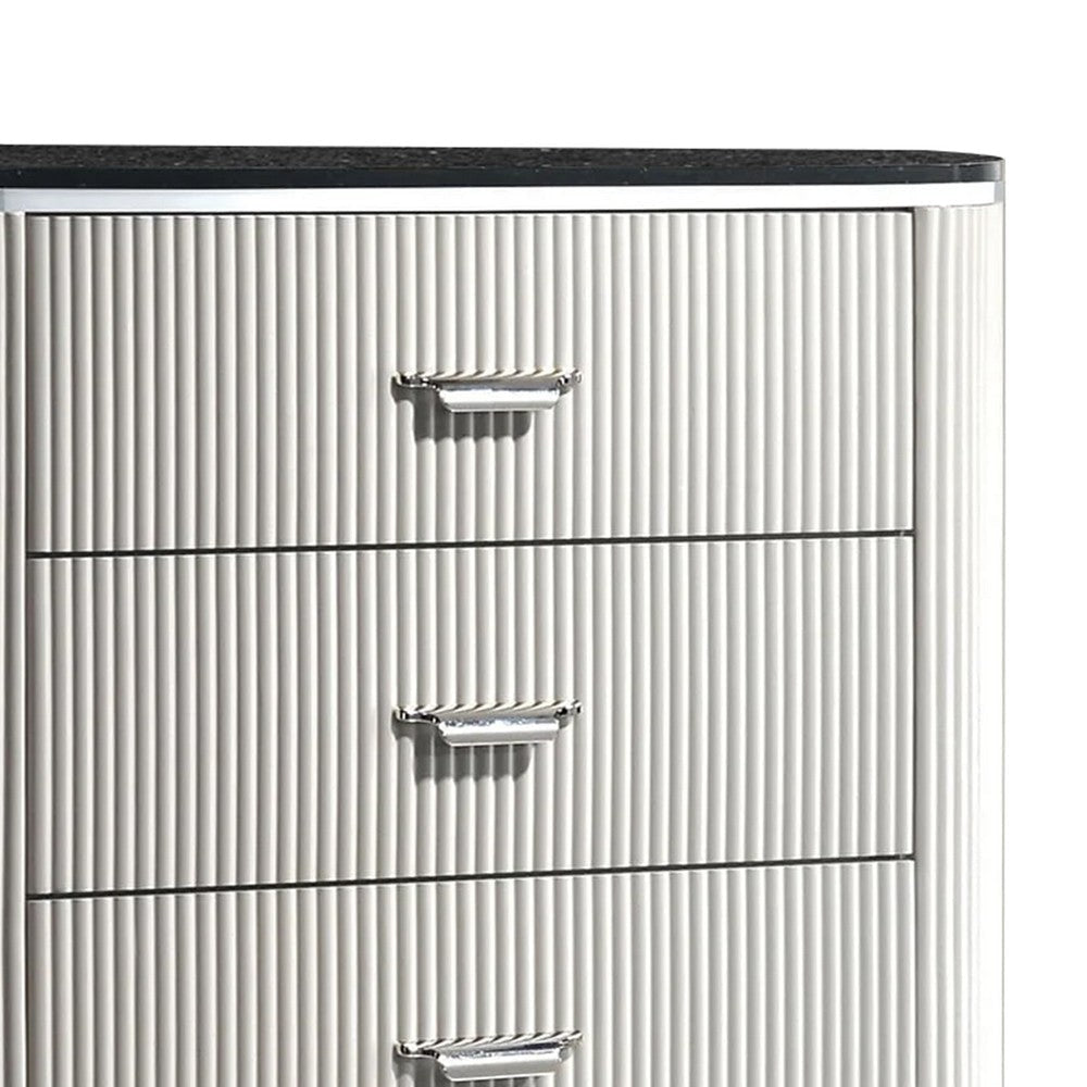 Alda Tall Dresser Chest | 5 Drawers | Black Stone Top | Gray Wood | Silver BM339484