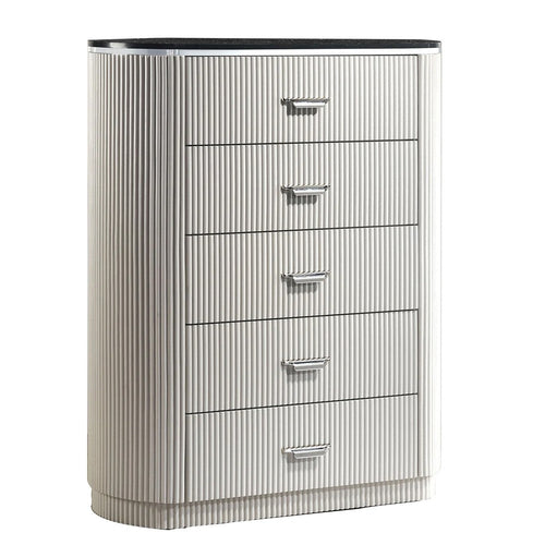 Alda Tall Dresser Chest | 5 Drawers | Black Stone Top | Gray Wood | Silver
