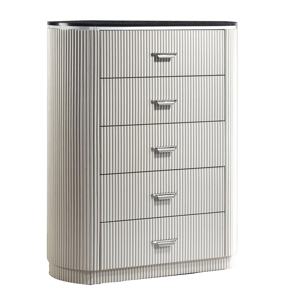 Alda Tall Dresser Chest | 5 Drawers | Black Stone Top | Gray Wood | Silver