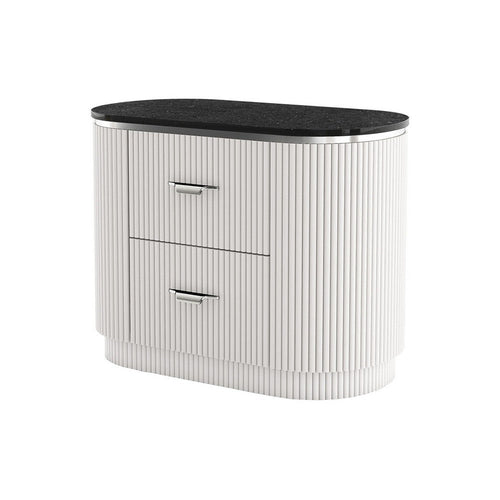 Alda Nightstand w 2 Drawers | Black Stone Top | Light Gray Wood | Silver