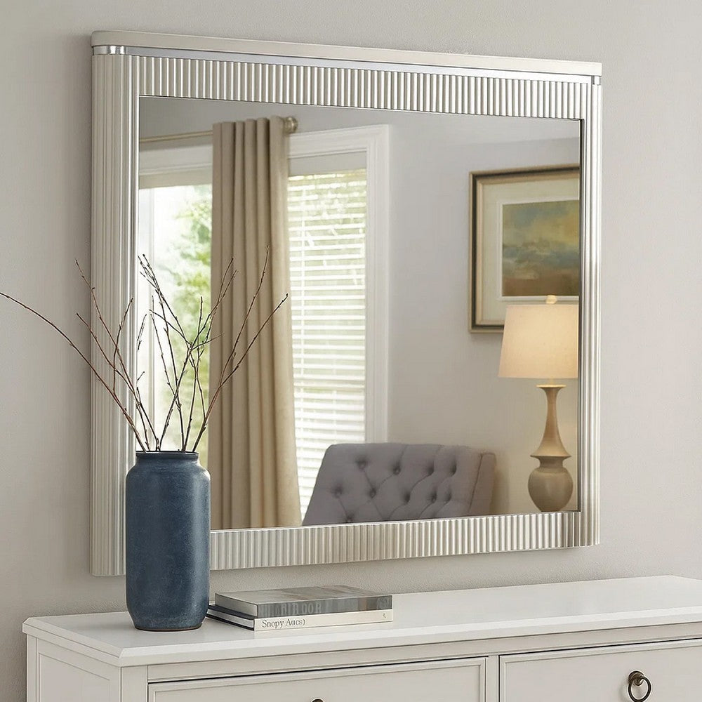 Alda Dresser Mirror | Rectangular Gray Reeded Wood | Silver Trim | 38x40 BM339486