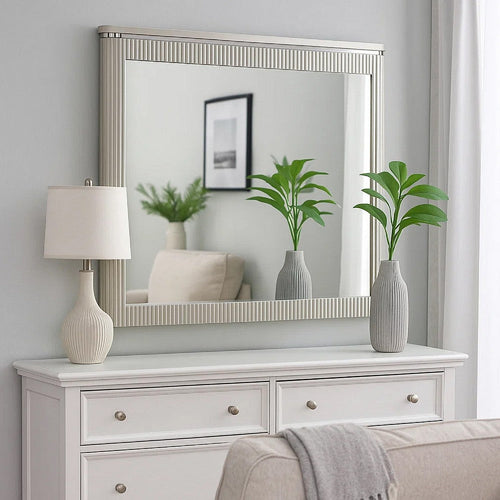 Alda Dresser Mirror | Rectangular Gray Reeded Wood | Silver Trim | 38x40 BM339486
