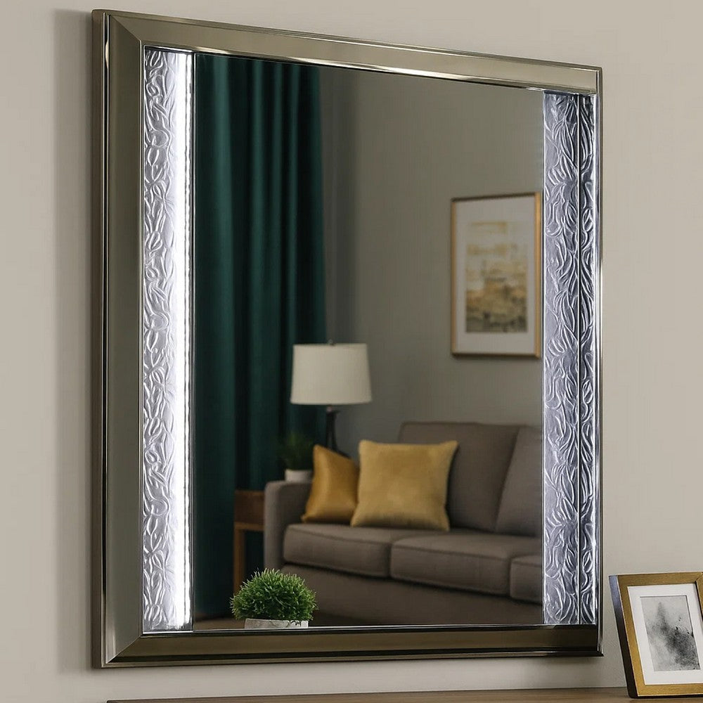 Levi Dresser Mirror | 38’’ | Leaf Pattern Molding w LED | Dark Gray Wood BM339487