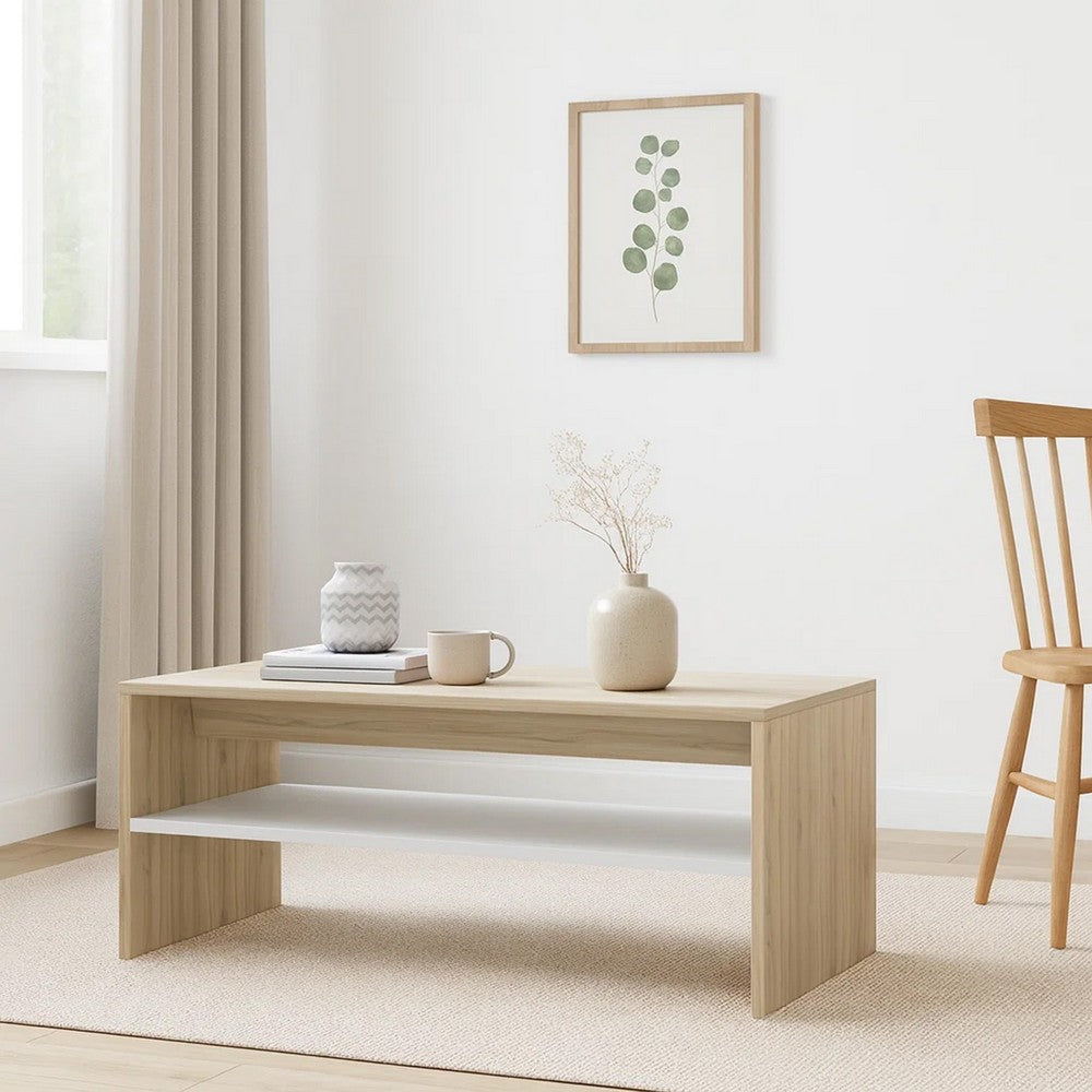 39’’ Coffee Table w Shelf | Rectangular | Oak Beige & White Wood BM339648