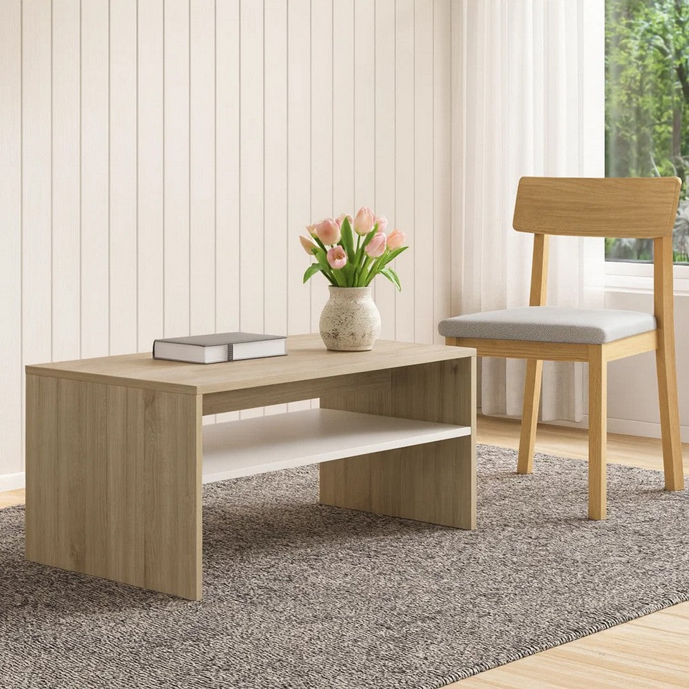 39" Coffee Table w Shelf | Rectangular | Oak Beige & White Wood