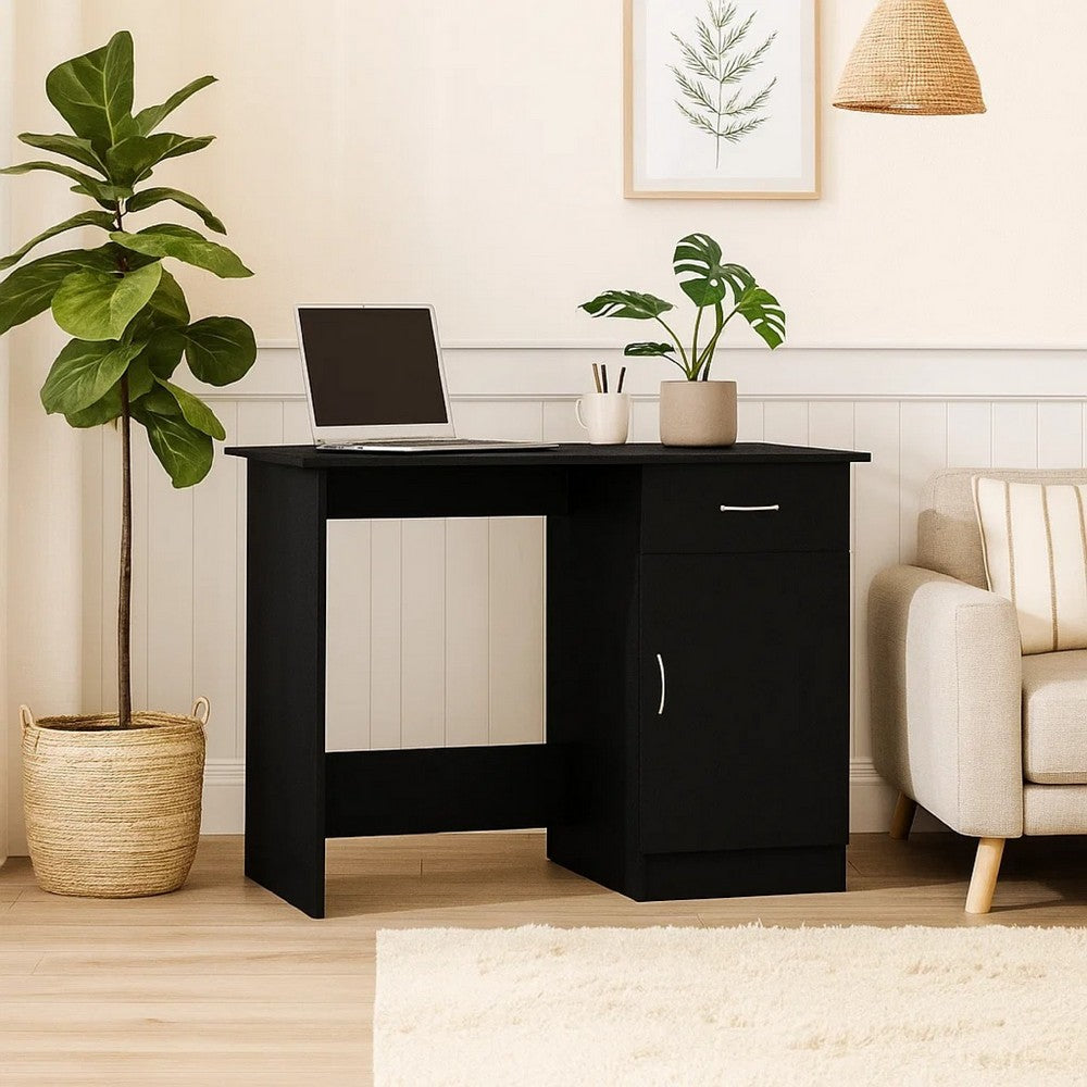 Ami Office Desk | 1 Drawer & Cabinet Door | Black Wood | Chrome Handle