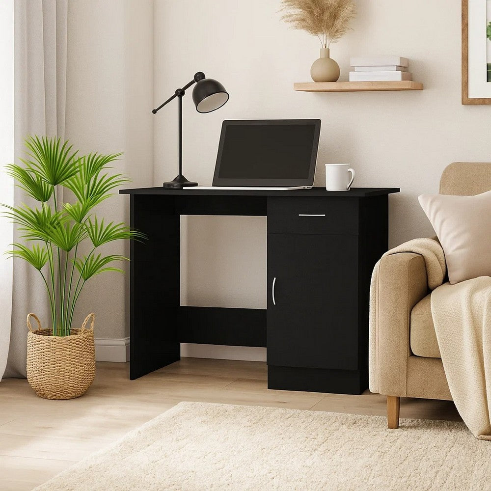 Ami Office Desk | 1 Drawer & Cabinet Door | Black Wood | Chrome Handle