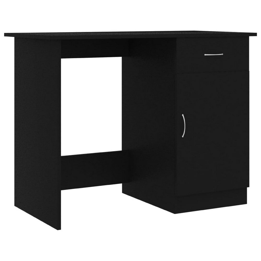 Ami Office Desk | 1 Drawer & Cabinet Door | Black Wood | Chrome Handle