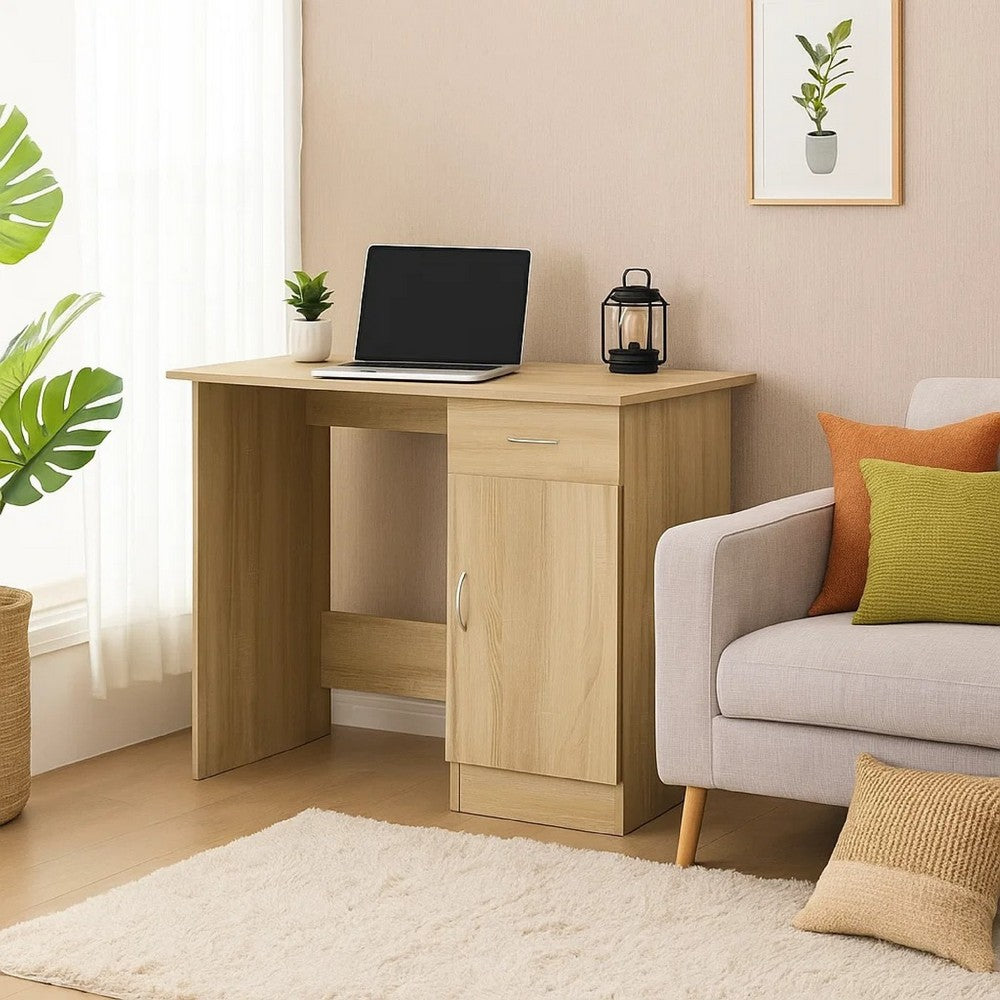 Ami Office Desk | 1 Drawer & Cabinet Door | Beige Wood | Chrome Handle