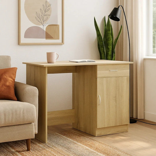 Ami Office Desk | 1 Drawer & Cabinet Door | Beige Wood | Chrome Handle