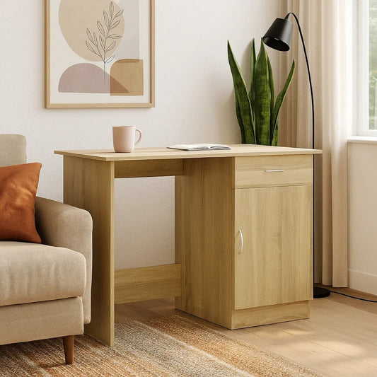 Ami Office Desk | 1 Drawer & Cabinet Door | Beige Wood | Chrome Handle