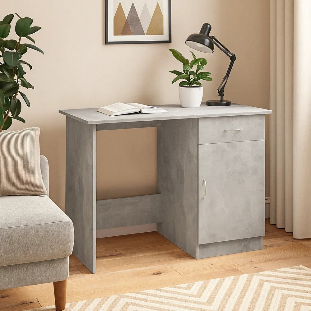 Ami Office Desk | 1 Drawer & Cabinet Door | Gray Wood | Chrome Handle