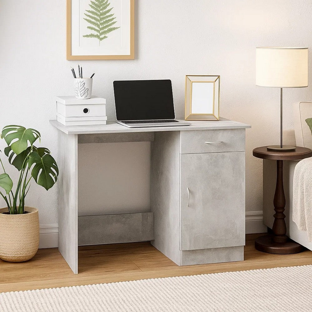 Ami Office Desk | 1 Drawer & Cabinet Door | Gray Wood | Chrome Handle
