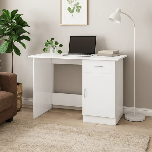 Ami Office Desk | 1 Drawer | 1 Cabinet | Glossy White Wood | Chrome Handle