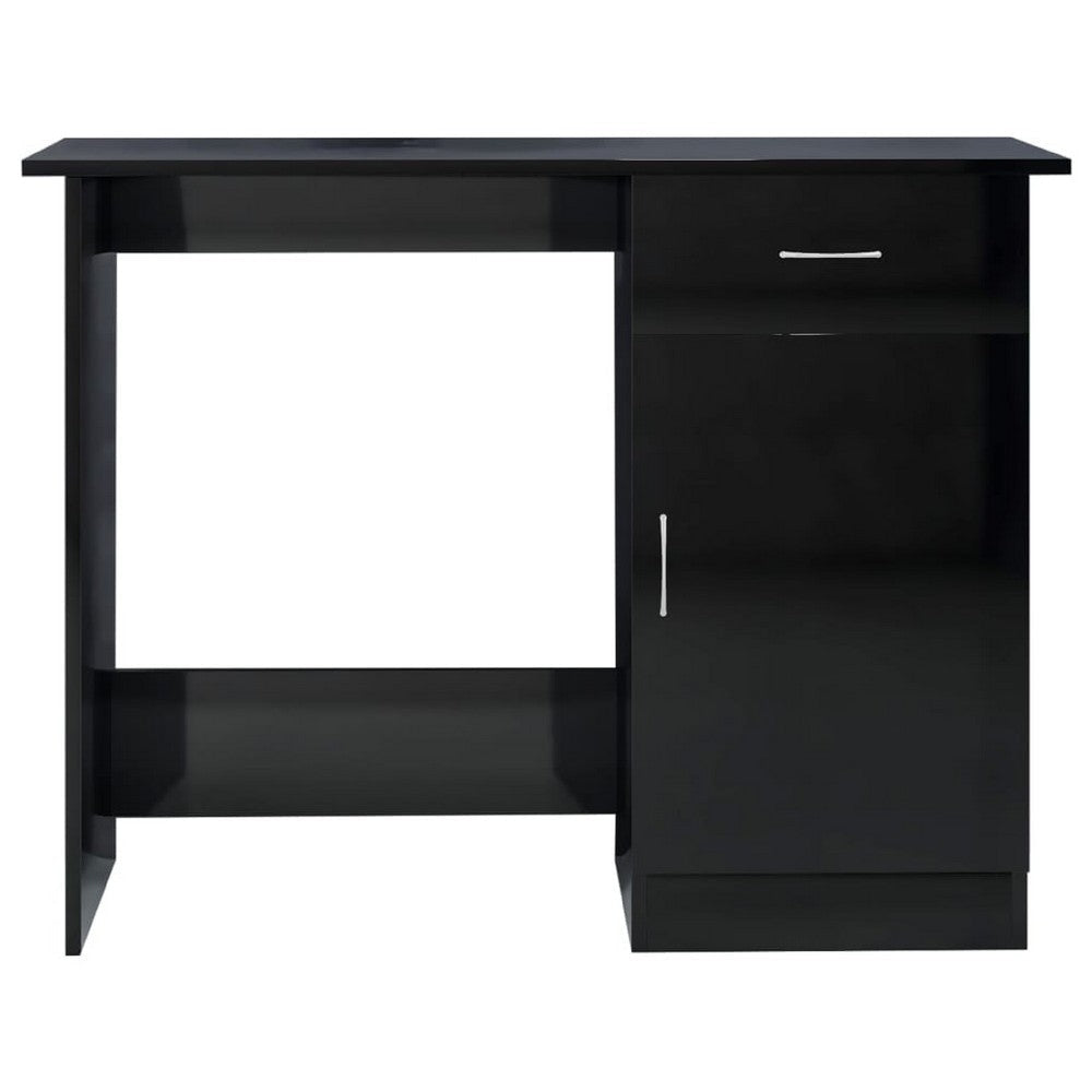 Ami Office Desk | 1 Drawer | 1 Cabinet | Glossy Black Wood | Chrome Handle BM339653