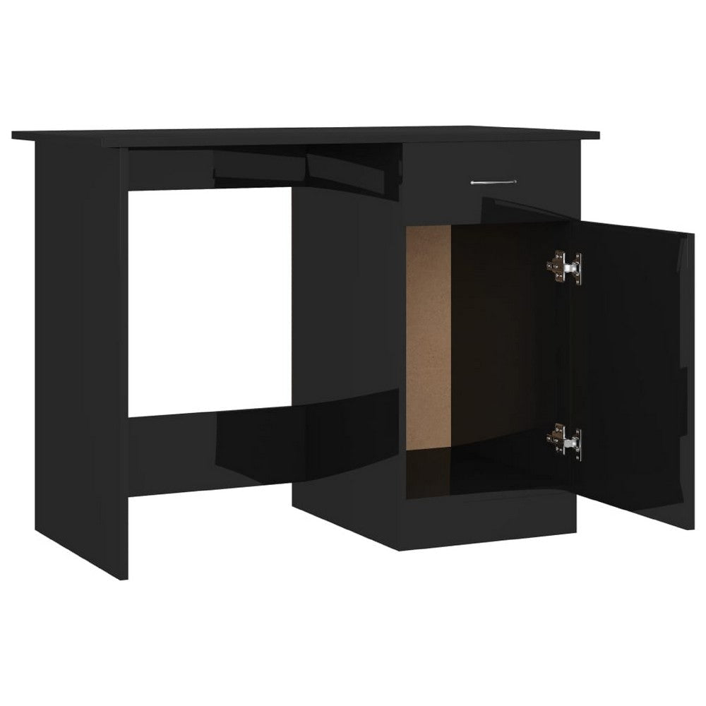 Ami Office Desk | 1 Drawer | 1 Cabinet | Glossy Black Wood | Chrome Handle BM339653