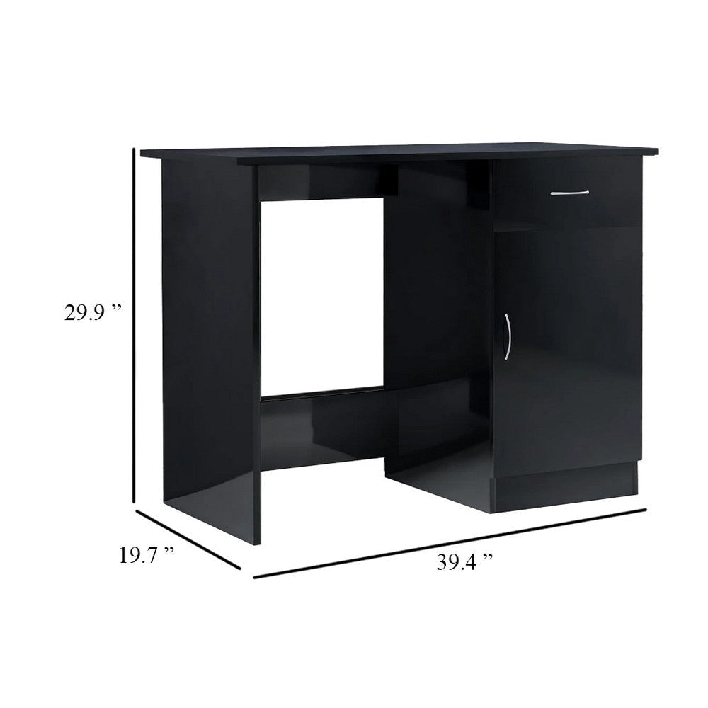 Ami Office Desk | 1 Drawer | 1 Cabinet | Glossy Black Wood | Chrome Handle BM339653