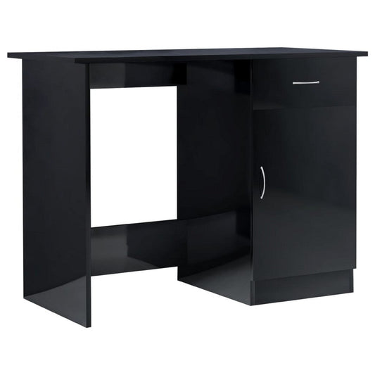 Ami Office Desk | 1 Drawer | 1 Cabinet | Glossy Black Wood | Chrome Handle