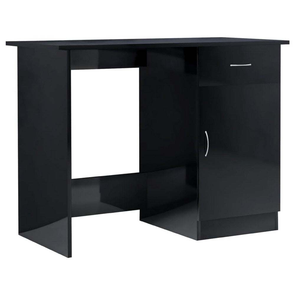 Ami Office Desk | 1 Drawer | 1 Cabinet | Glossy Black Wood | Chrome Handle