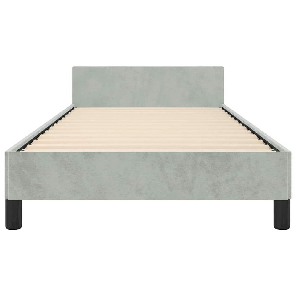 Moa Twin Size Bed Frame | Low Profile Headboard | Light Gray Velvet Upholstery BM339654