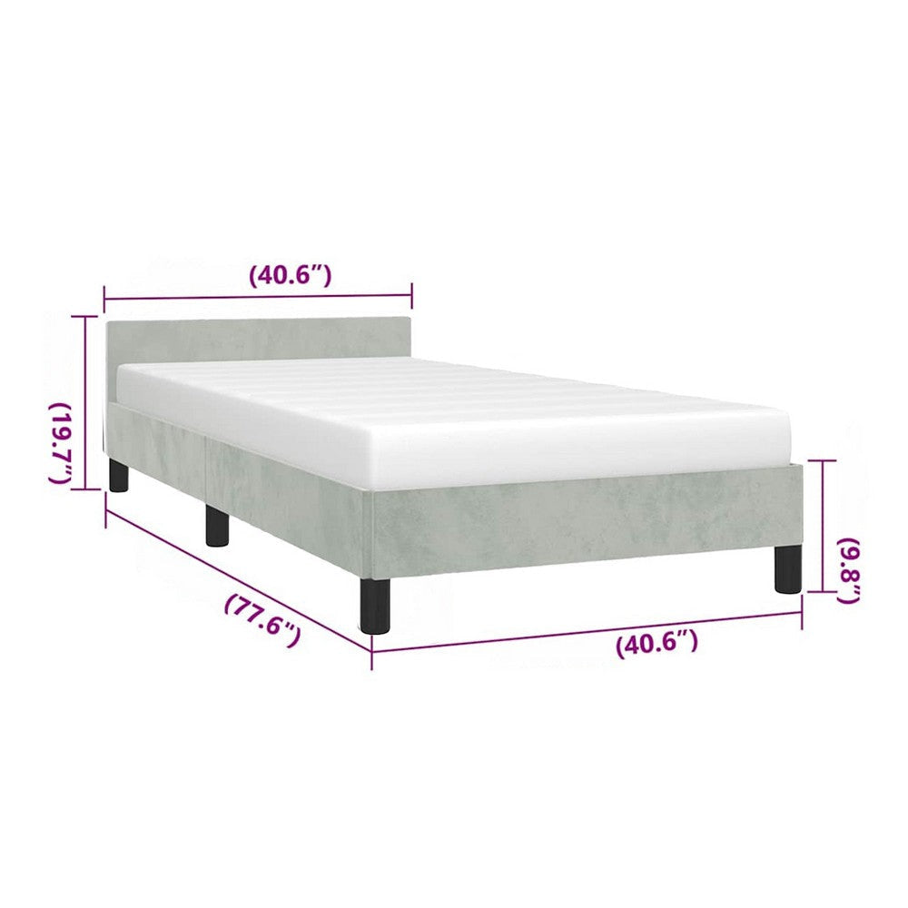 Moa Twin Size Bed Frame | Low Profile Headboard | Light Gray Velvet Upholstery BM339654