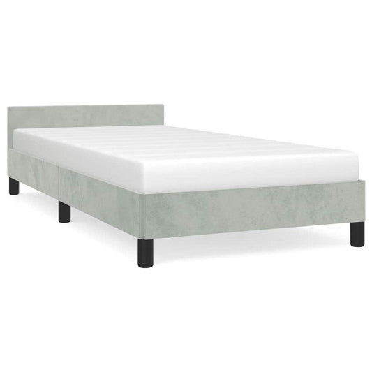 Moa Twin Size Bed Frame | Low Profile Headboard | Light Gray Velvet Upholstery