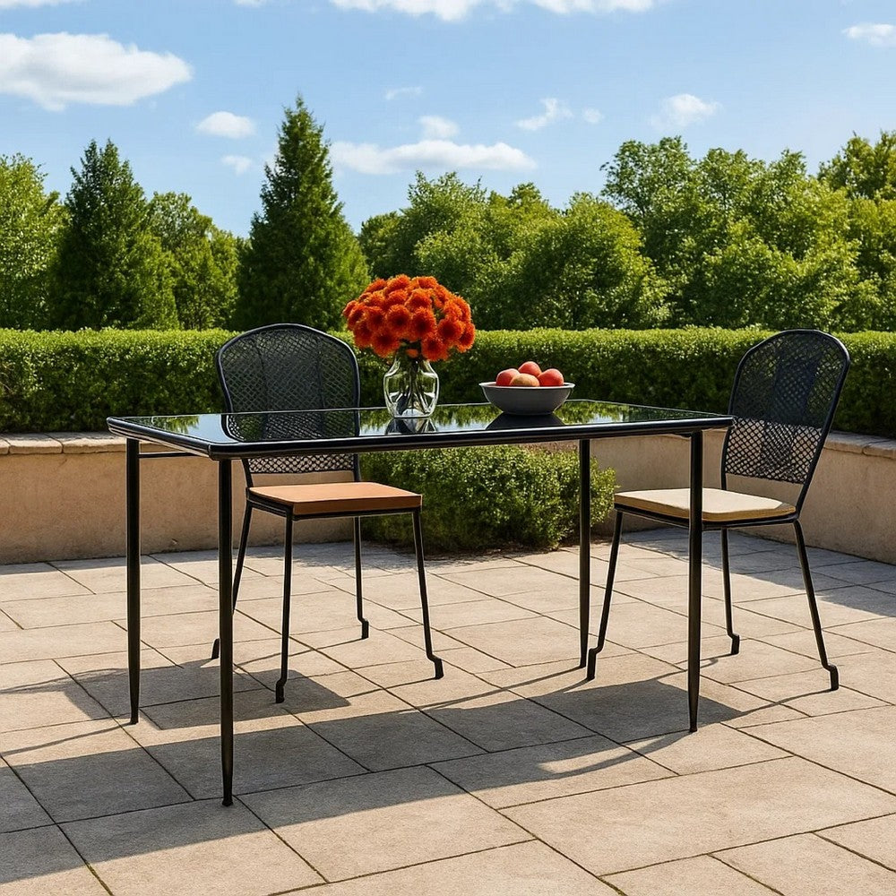 Jen Outdoor Garden Dining Table | 79" Glass Top | Black Steel Frame