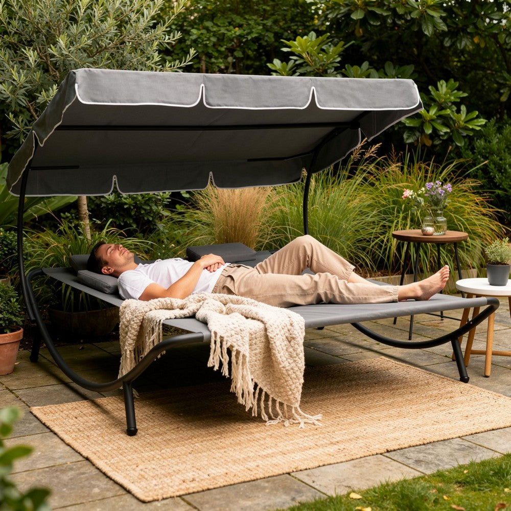 Mei Outdoor Daybed w Adjustable Canopy & 2 Pillows | Gray Oxford Fabric