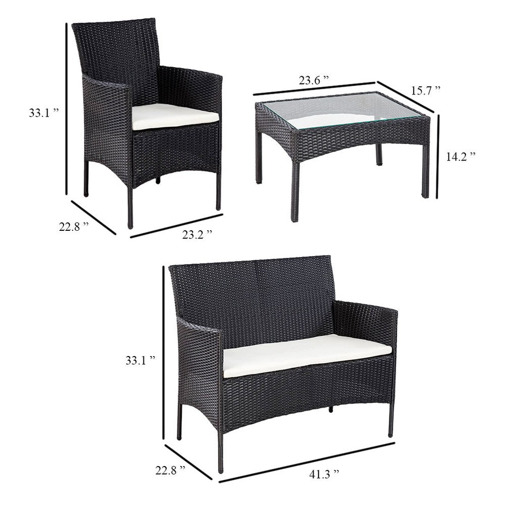 4pc Outdoor Sofa & Table Set in Black Rattan | Glass Top | Cream Cushions BM339665