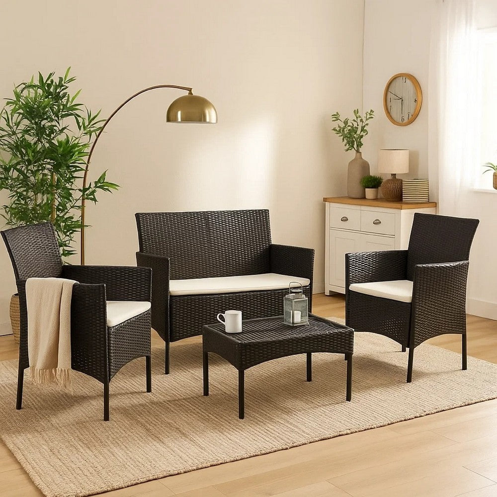 4pc Outdoor Sofa & Table Set in Black Rattan | Glass Top | Cream Cushions