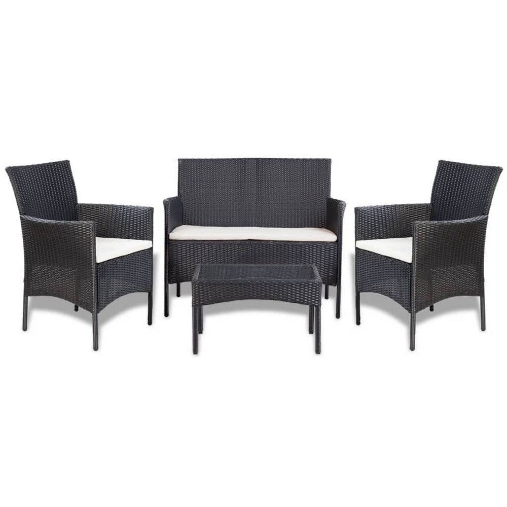 4pc Outdoor Sofa & Table Set in Black Rattan | Glass Top | Cream Cushions