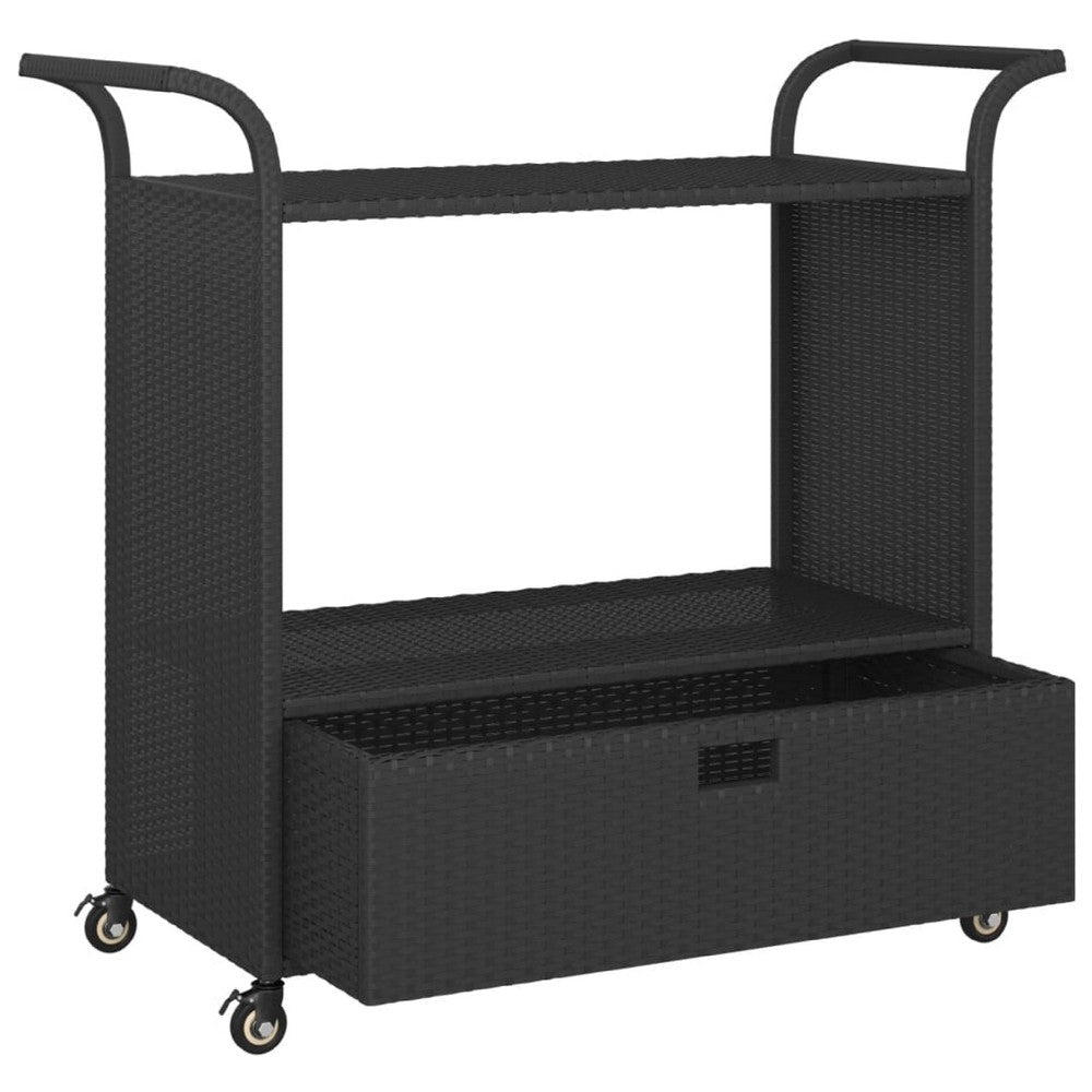 Ven Outdoor Serving Bar Cart | Black Rattan & Steel | Lockable Wheels