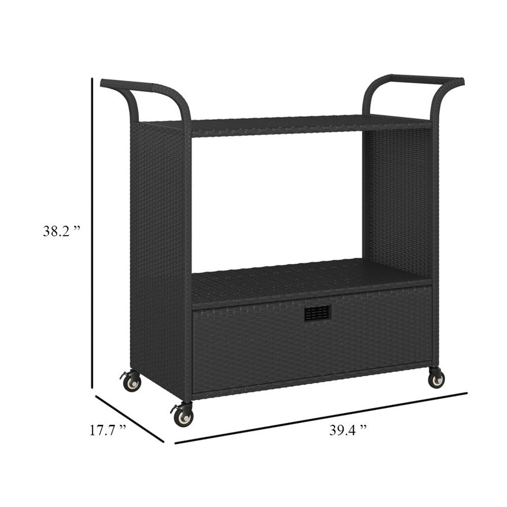 Ven Outdoor Serving Bar Cart | Black Rattan & Steel | Lockable Wheels